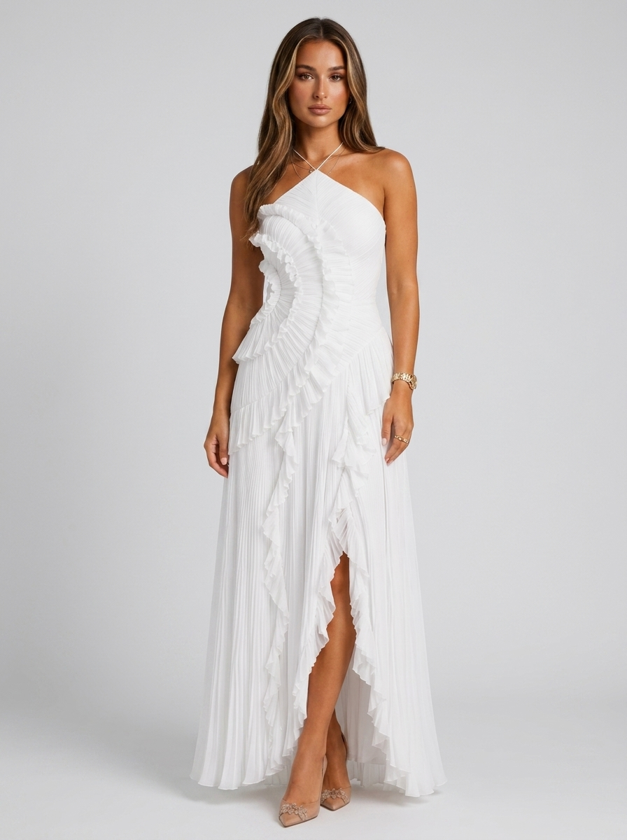 Beatriz | Pleated Halter Ruffle Maxi Dress
