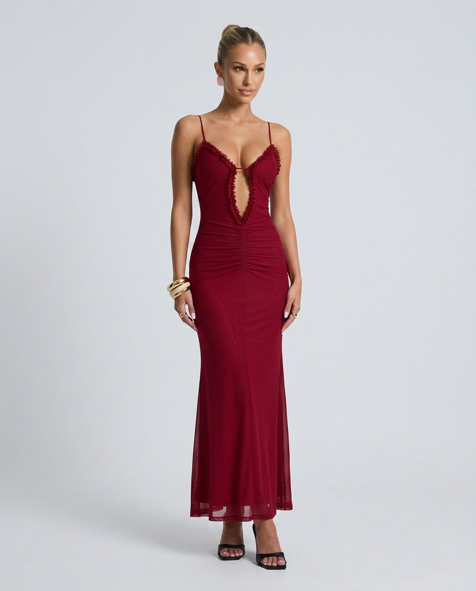 Capisce | Ruched Lace Cut-Out High Split Maxi Dress