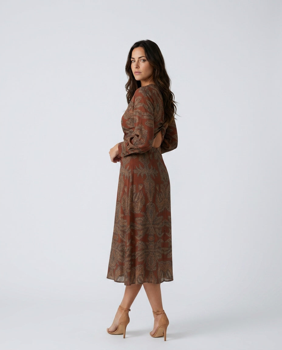 Delphine | Wrap Midi Dress in Natural Print