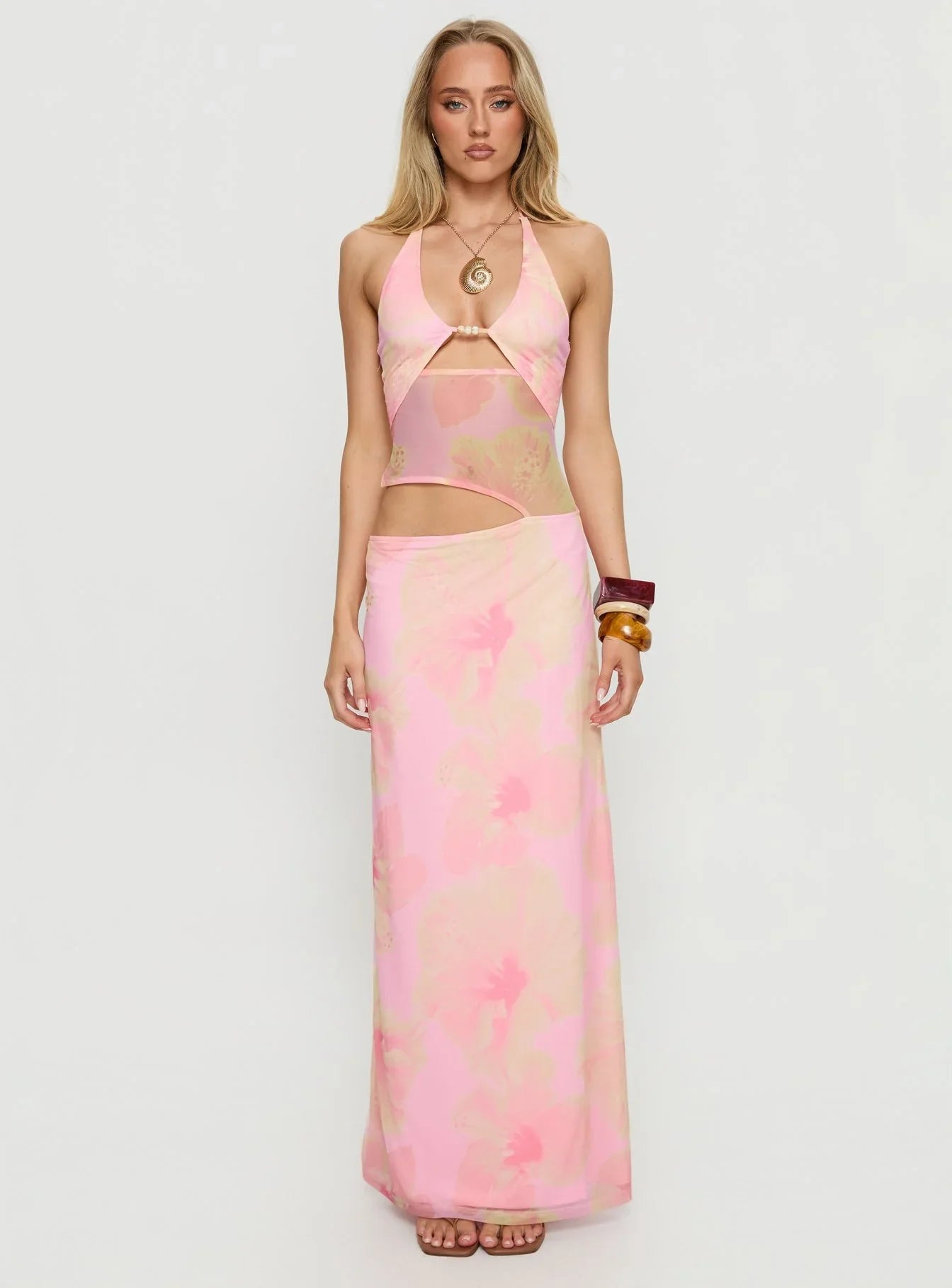 Darya | Halter Neck Floral Mesh Maxi Dress