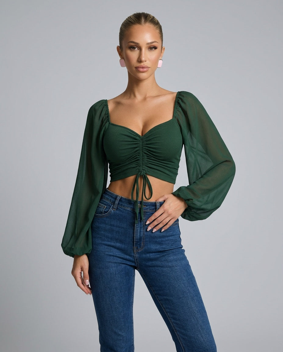 Darya | Sweetheart Ruched Puff Sleeve Cropped Top