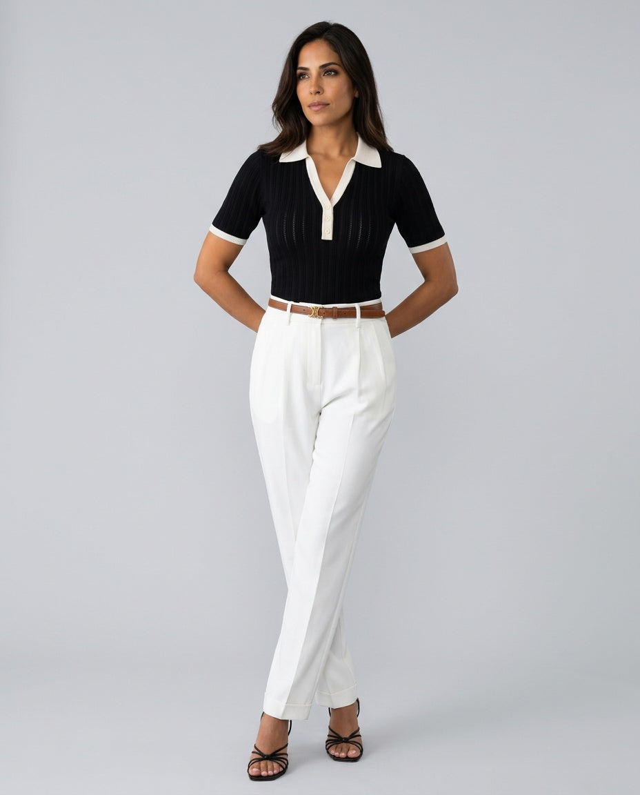 Margot | Short Sleeve Ribbed Knit Polo Top