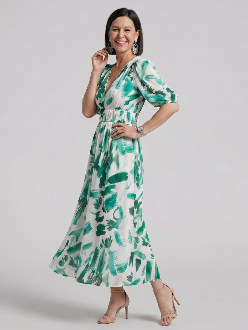 Coralie | Puff Sleeve V-Neck Abstract Print Midi Dress