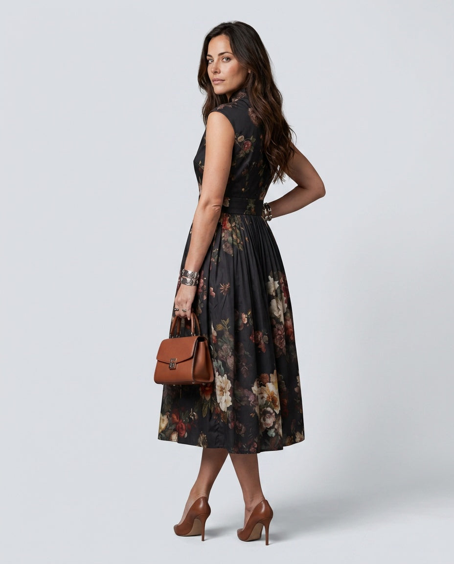Paloma | High Neck Keyhole Floral Pleated Midi Dress