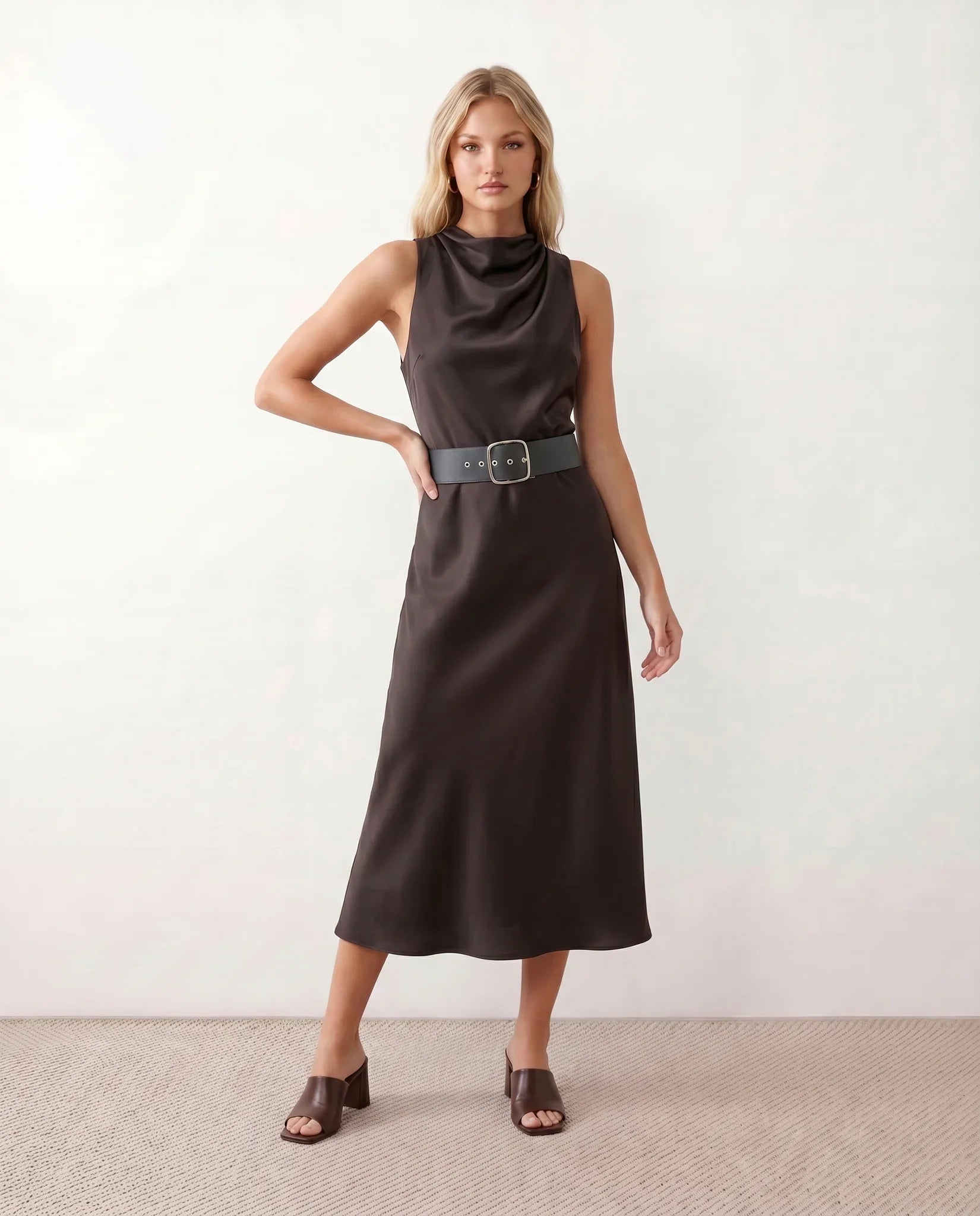 Elara | Glossy Cowl Neck Satin-Look Midi Dress