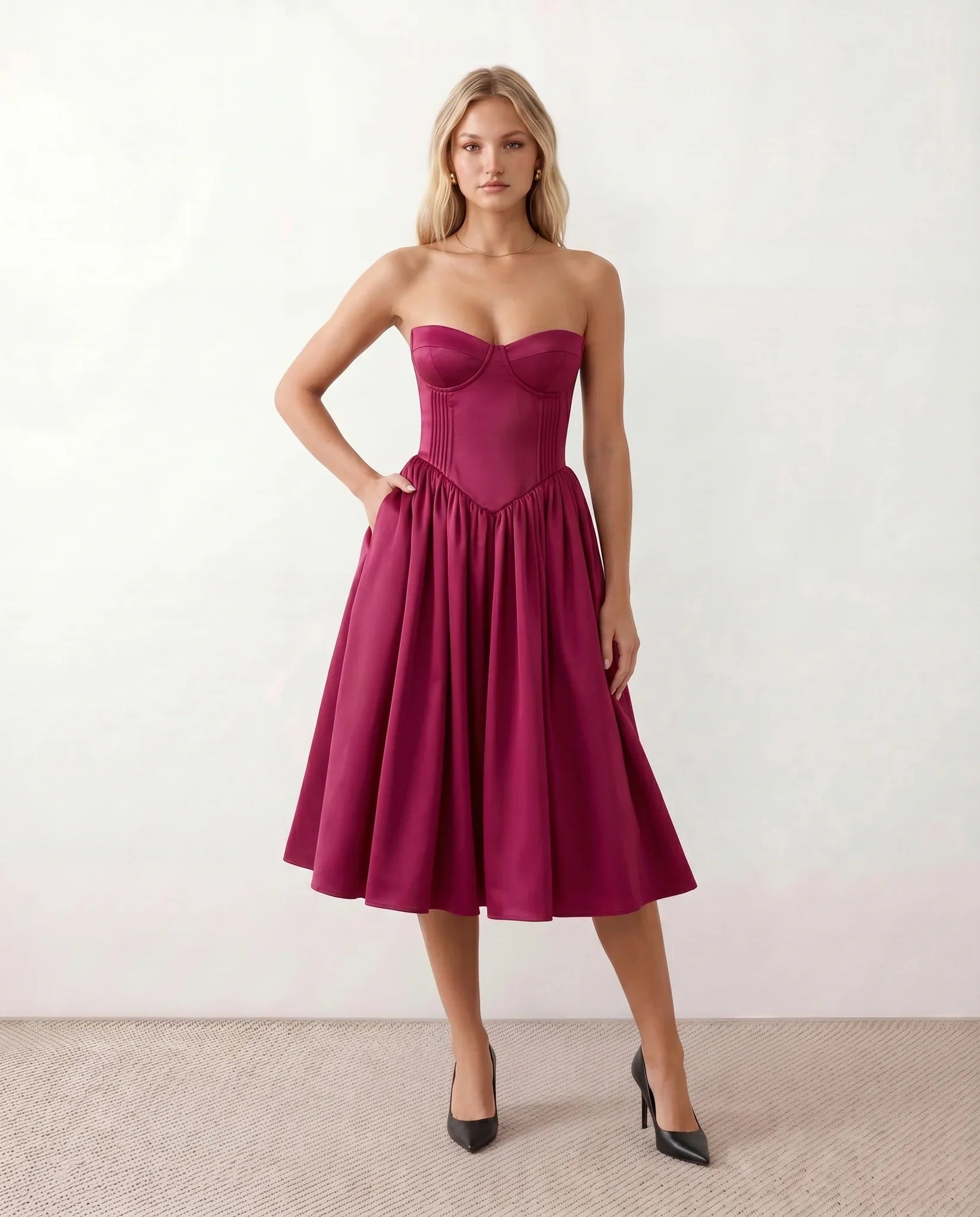 Women's Strapless Basque Waist Midi Dress