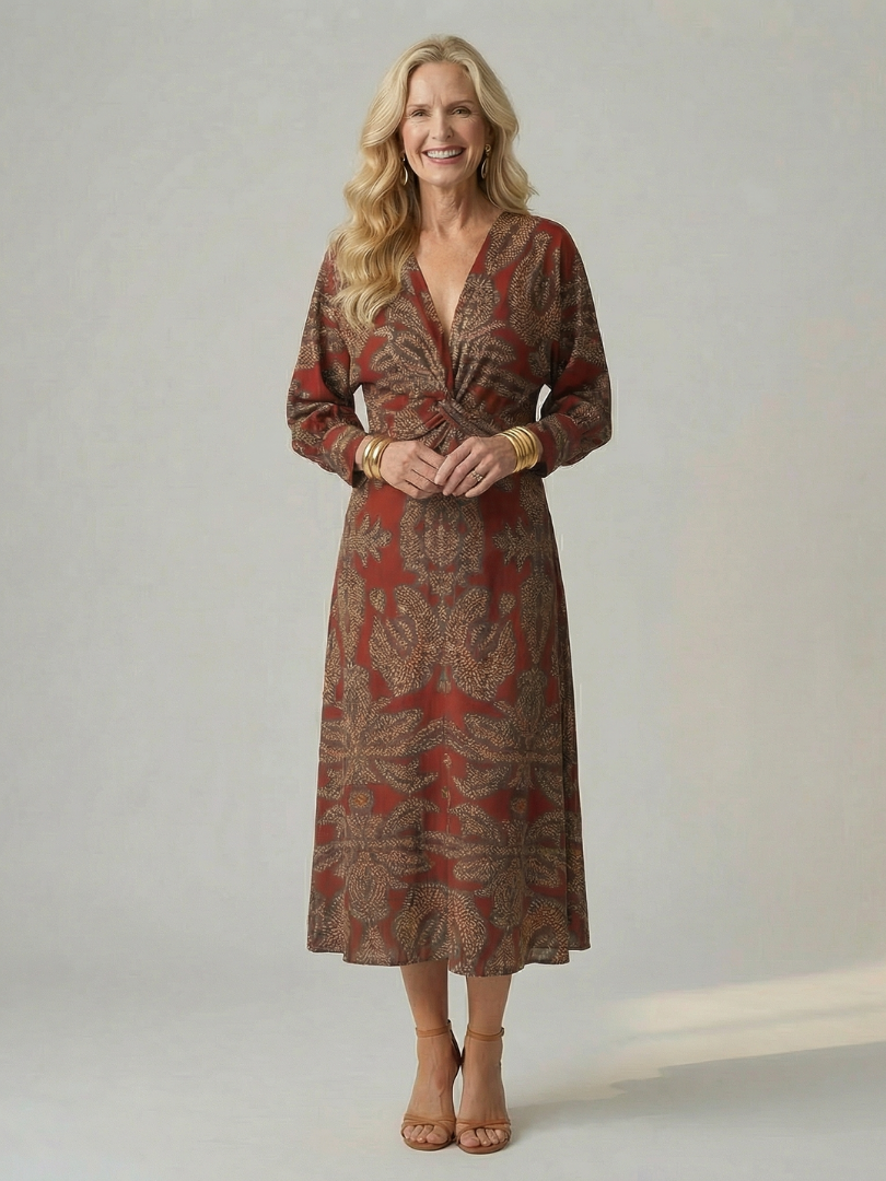Delphine | Wrap Midi Dress in Natural Print