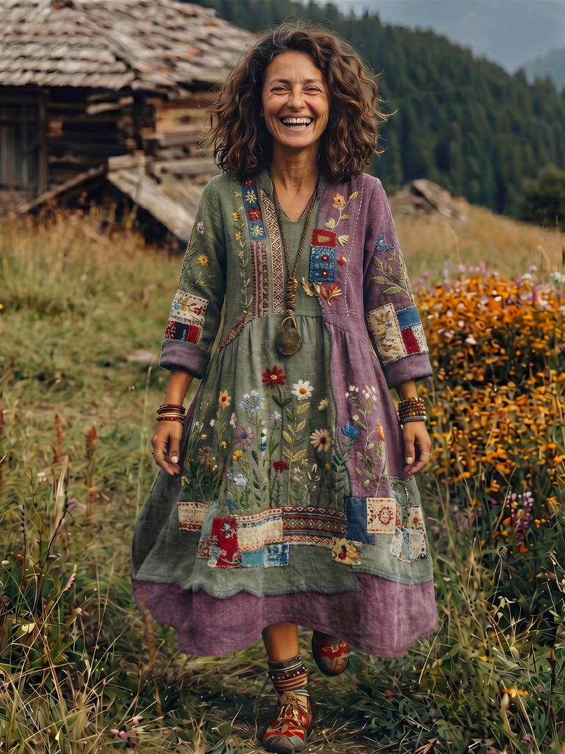 Wren | Embroidered Panel Long Sleeve Midi Dress