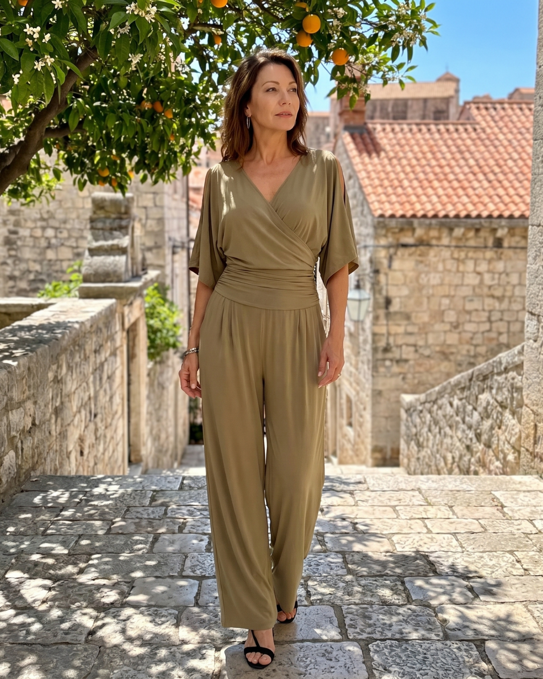 Una | Cold Shoulder Wrap Waist Relaxed Jumpsuit