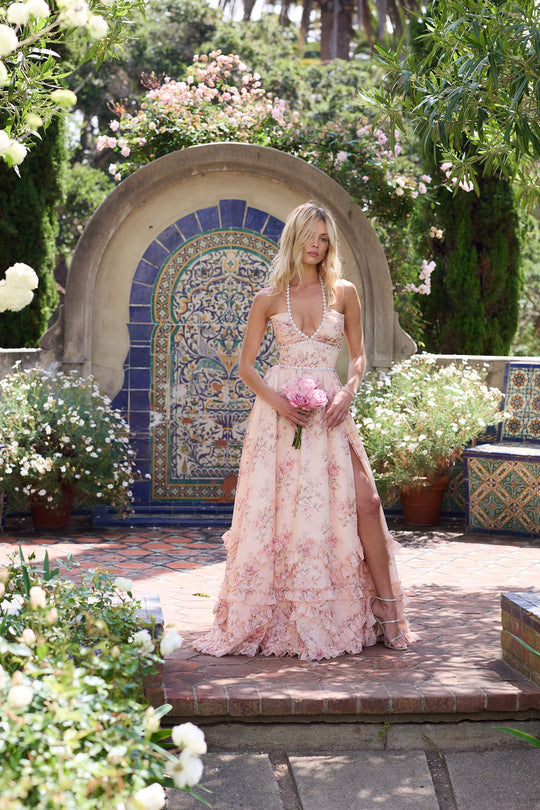 Rocio | Halter V-Neck Layered Floral Maxi Dress