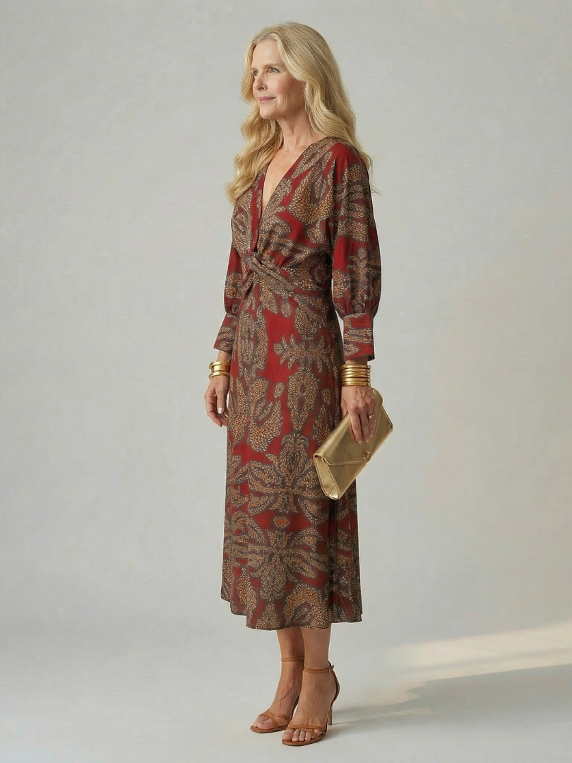 Delphine | Wrap Midi Dress in Natural Print