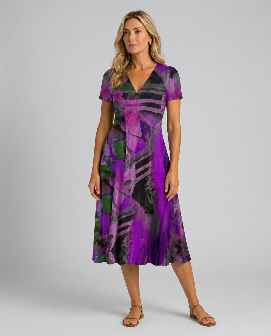 Marlowe | Abstract Print V-Neck Midi Dress