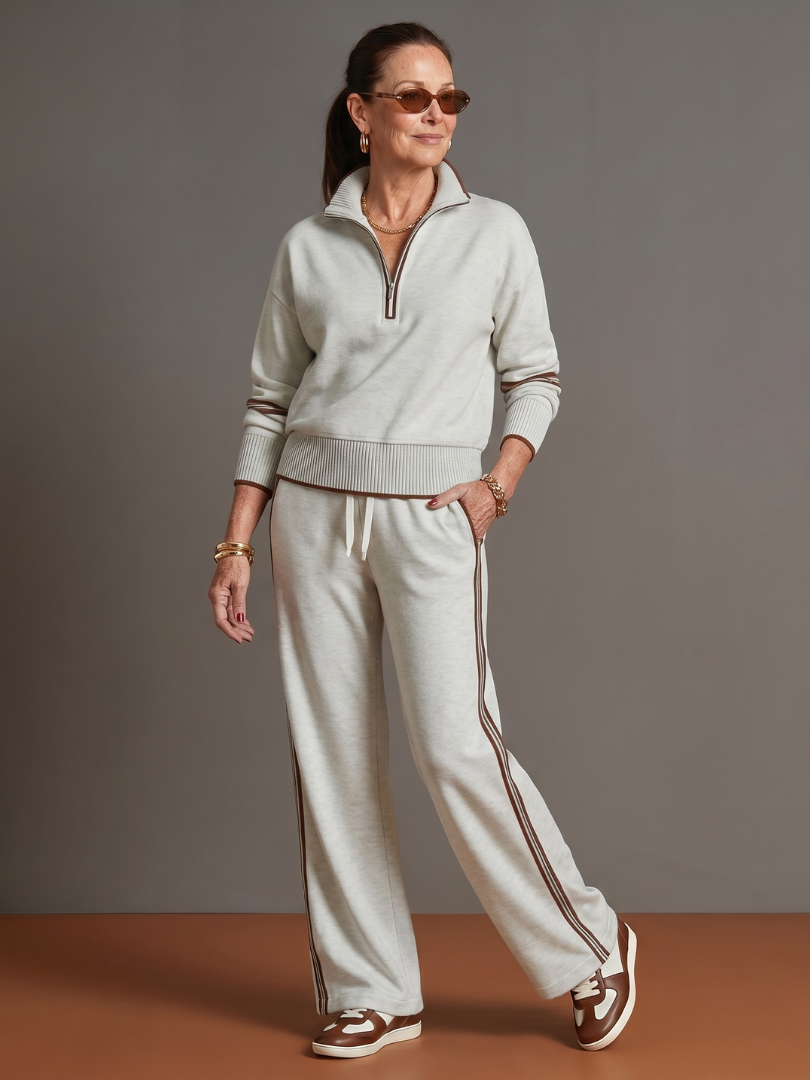 Rova | Zip Neck Striped Knit Long Sleeve Pants Set