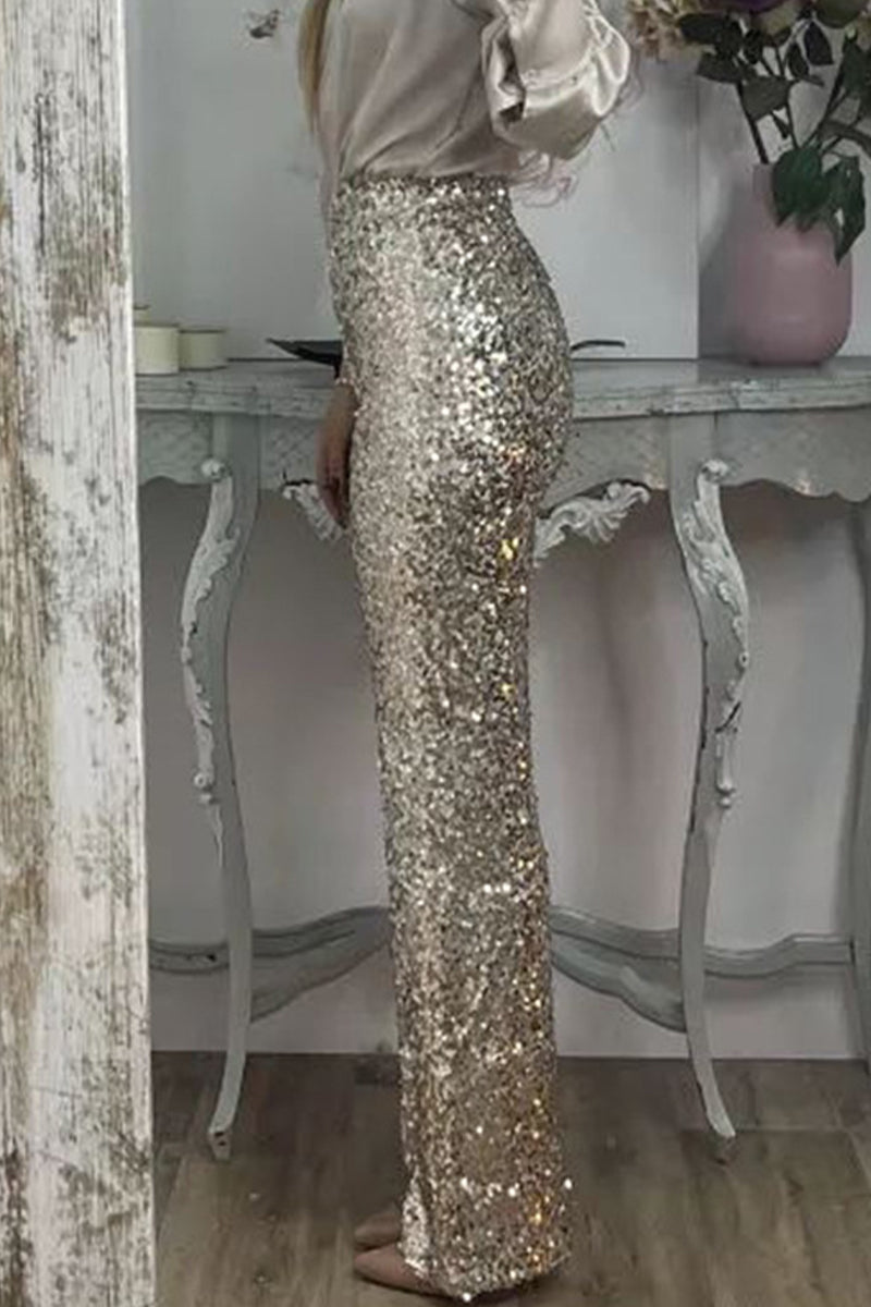 Clara | High Waist Sequin Straight Leg Trousers