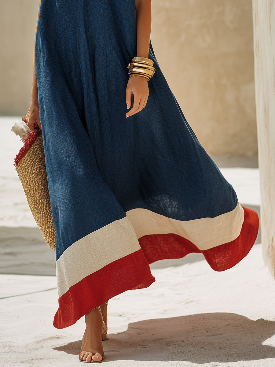 Alba | Contrast Hem Linen-Blend Maxi Dress