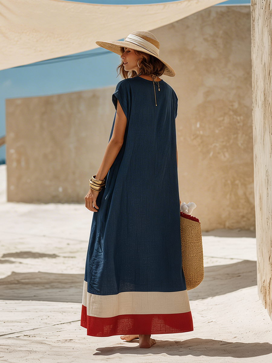 Alba | Contrast Hem Linen-Blend Maxi Dress