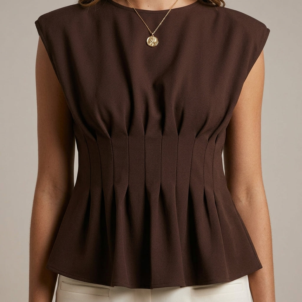 Xenia | Pleated Waist Crew Neck Cap Sleeve Top