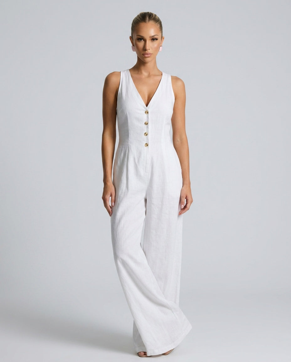 Emilia | Sleeveless Button Front Wide Leg Jumpsuit