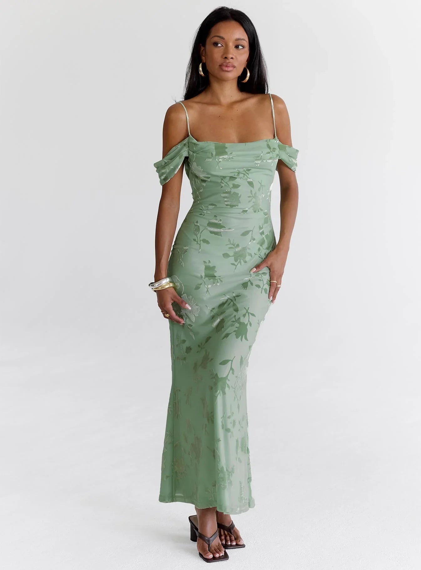 Sage | Off-Shoulder Floral Burnout Maxi Dress