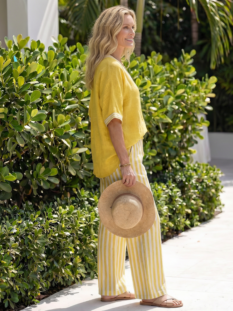Rocio | Striped Contrast V-Neck Tunic & Trouser Co-ord Set