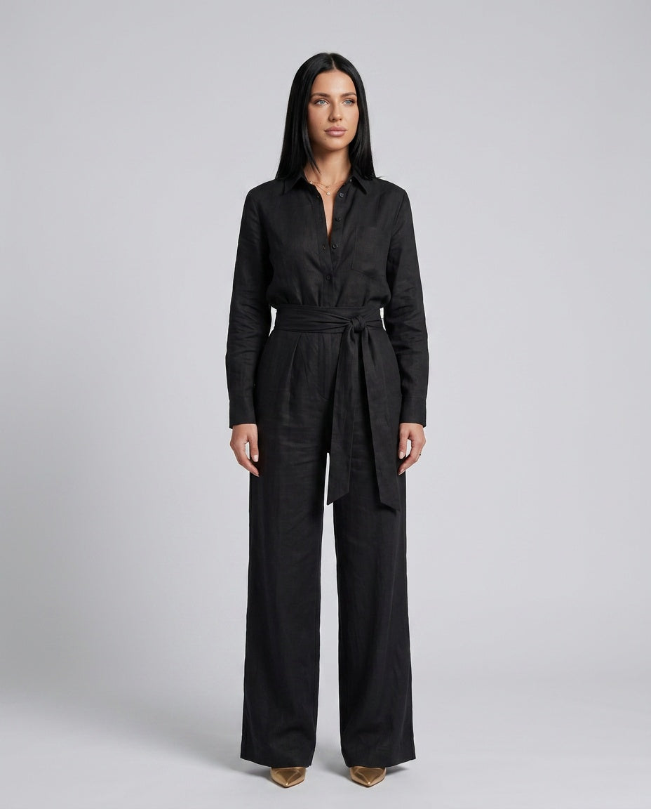 Jovie | Long Sleeve Button Front Wide Leg Jumpsuit