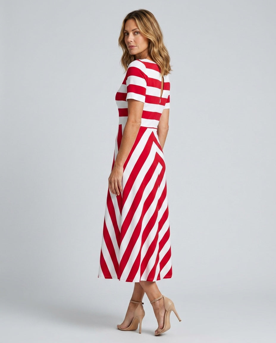Chloe | Striped A-Line Split Neck Midi Dress