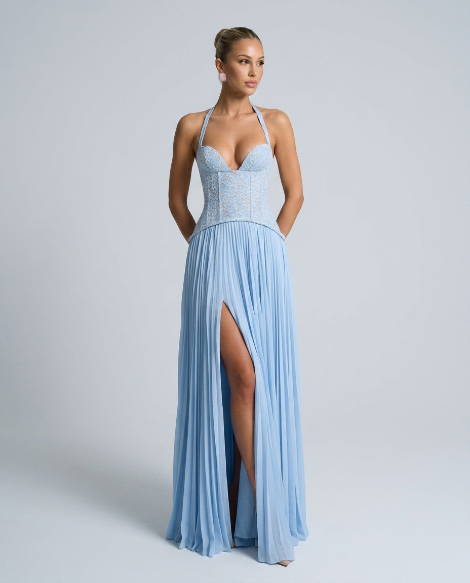 Women's Sweetheart Lace Pleated Maxi Dress