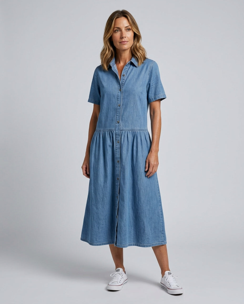 Geneva | Gathered Waist Collar Front Midi Dress