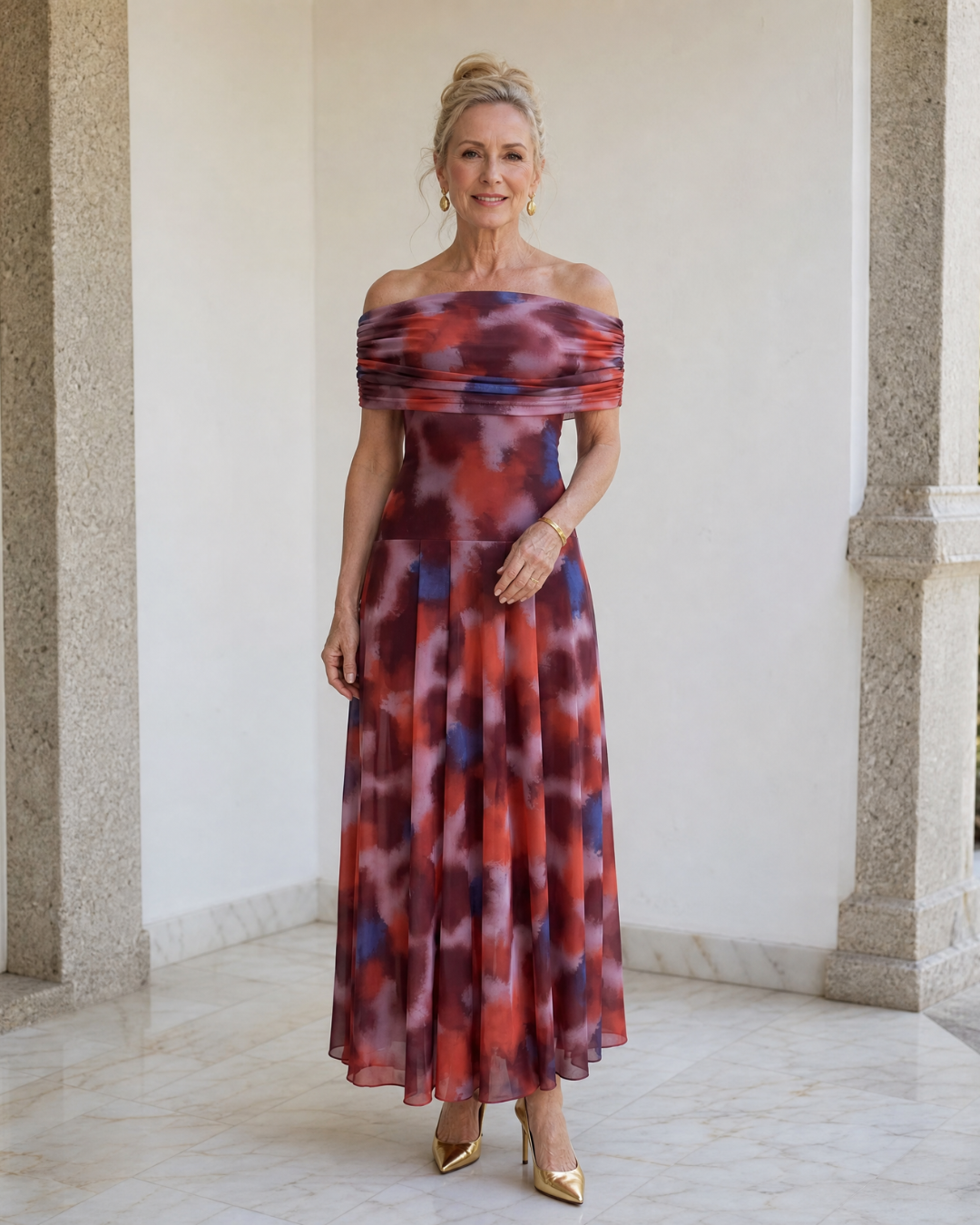Liv | Off-Shoulder Watercolour Print Flowing Midi Dress