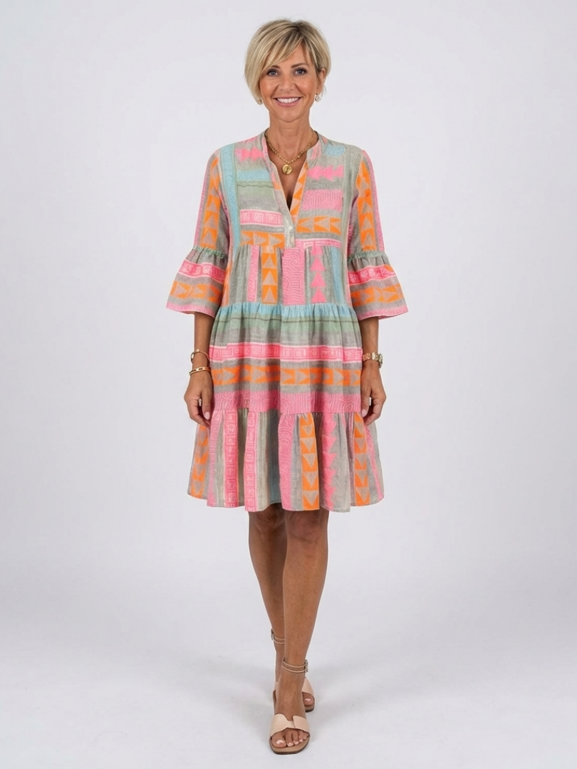 Maelle | Geometric Print V-Neck Tiered Midi Dress