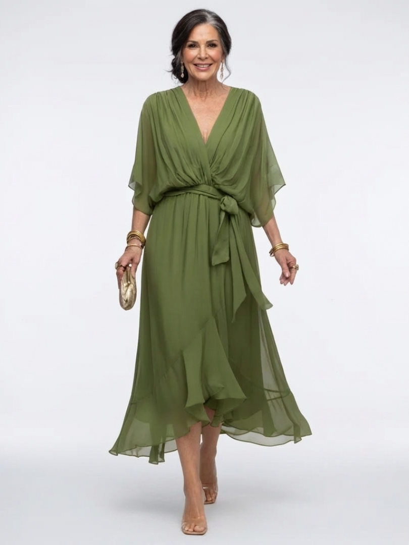 Delphine | V-Neck Draped Waist Tie Midi Dress