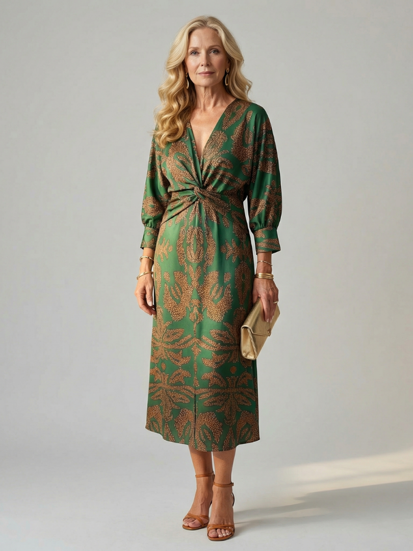Delphine | Wrap Midi Dress in Natural Print