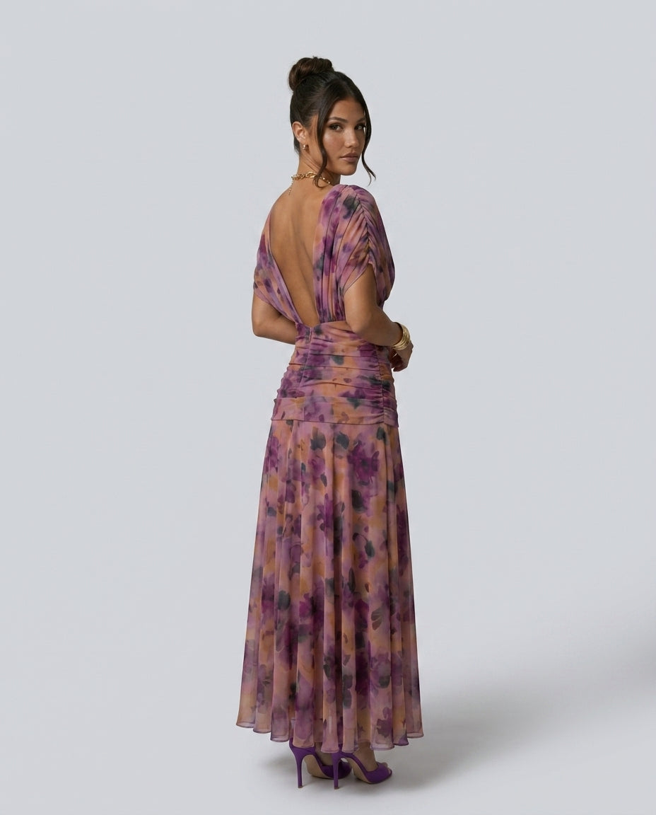 Vera | Off-Shoulder Watercolour Print Maxi Dress