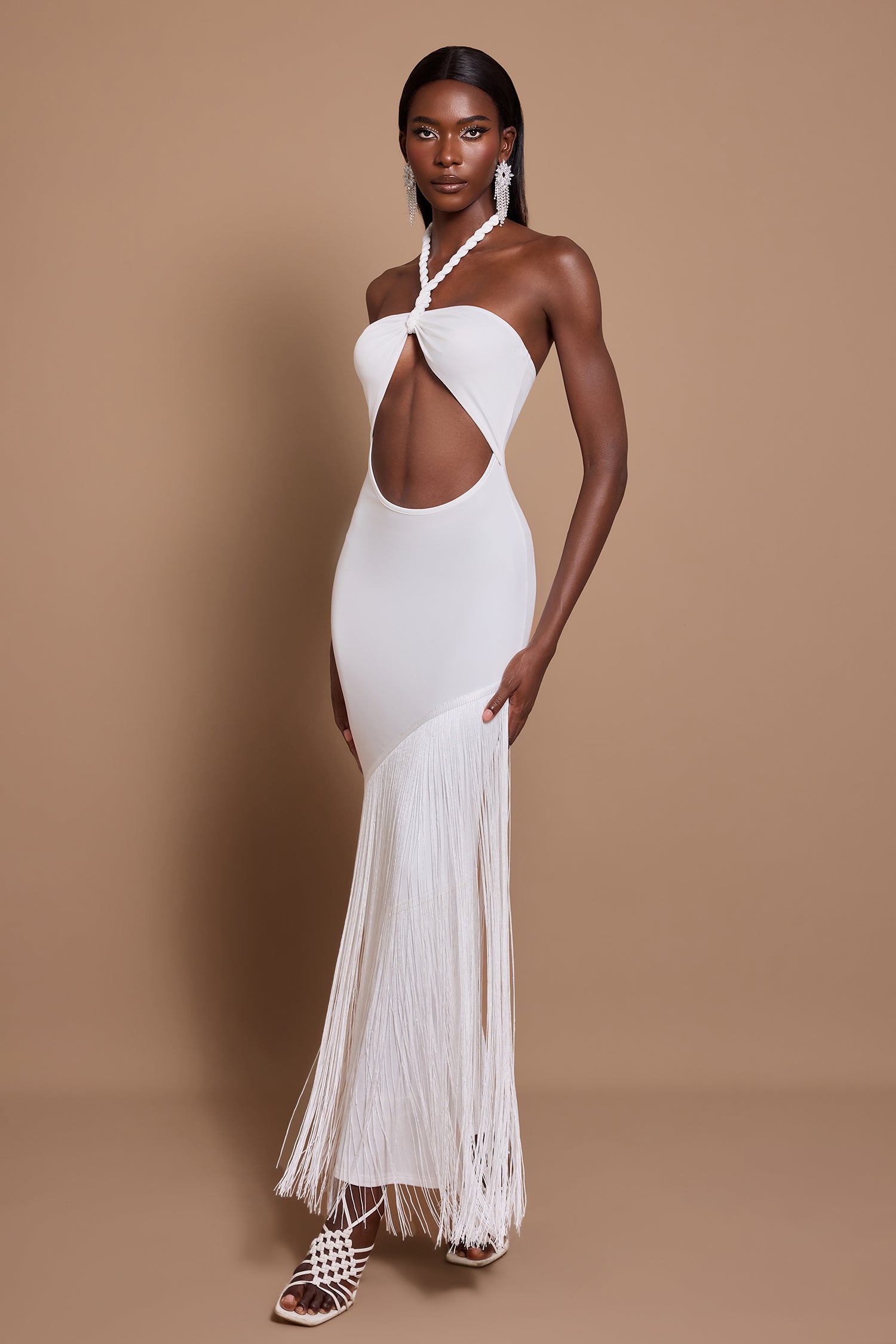 Maeve | Halter Neck Cut-Out Tassel Maxi Dress