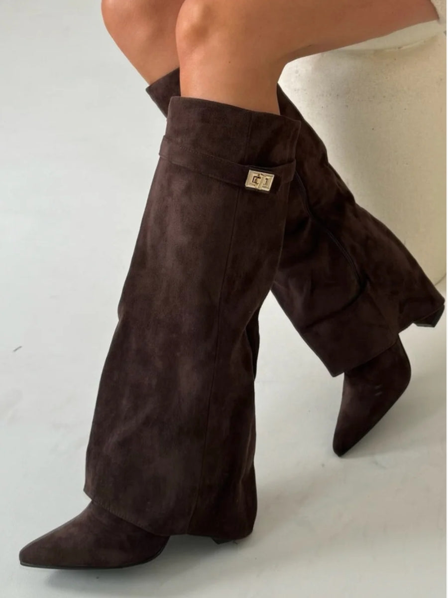 Montleigh | Suede-Look Fold-Over Boots with Golden Detail