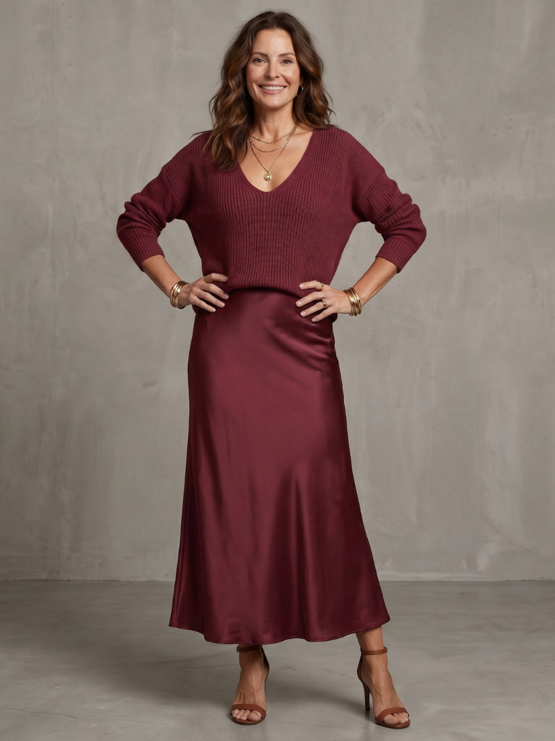Vesna | Satin-Look Bias Skirt & Knit Layer Co-ord Set