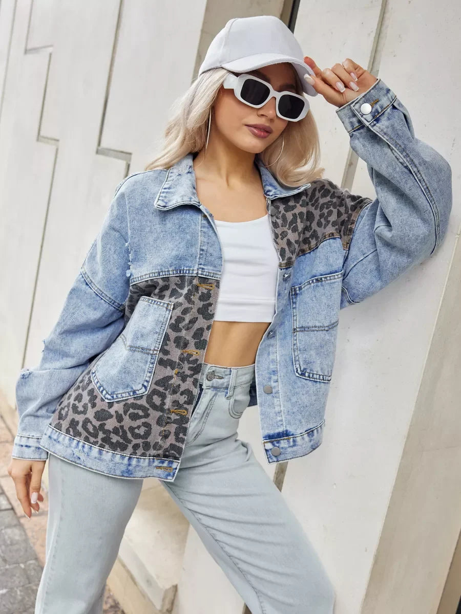 Wren | Leopard Print Long Sleeve Denim Jacket