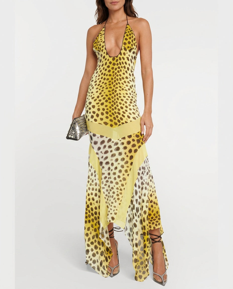 Women's Leopard Print Halter Neck Maxi Dress