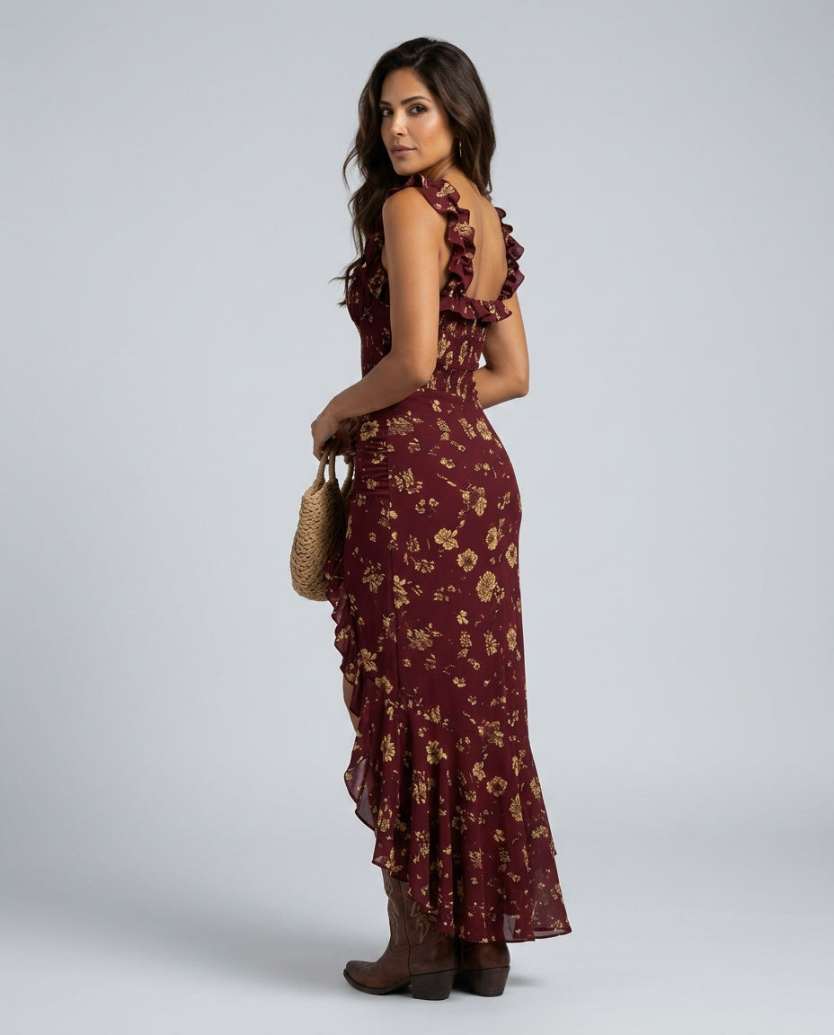 Belen | Boho Floral Ruched Side Slit Maxi Dress