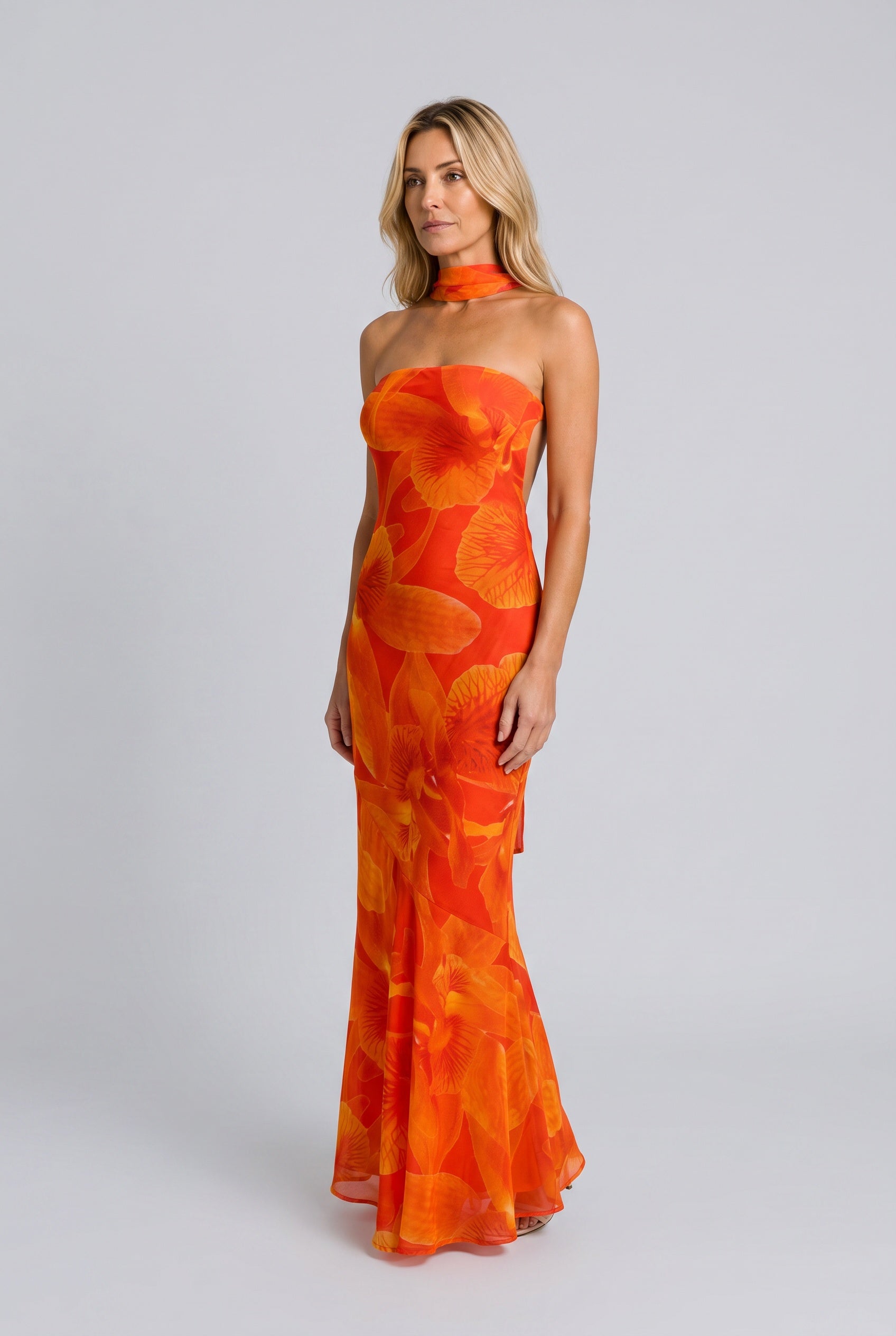 Adeline | Floral Chiffon Maxi Dress with Matching Scarf