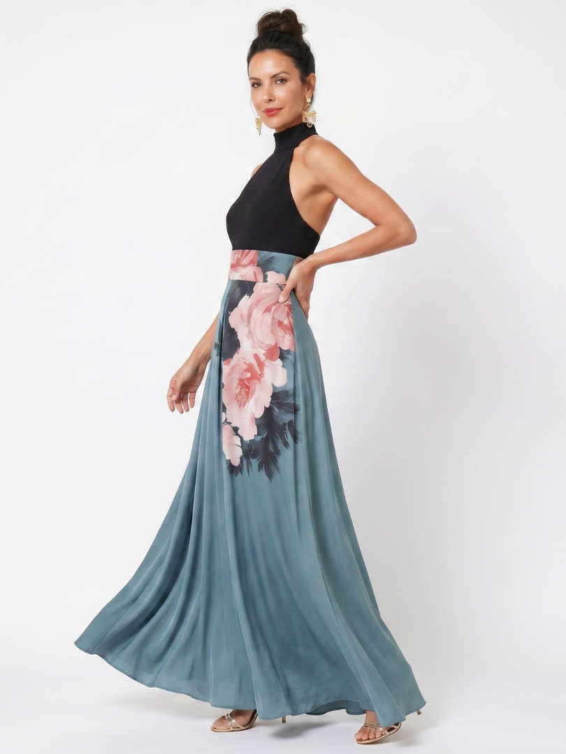Naia | Halter Bodice Floral Skirt Maxi Dress