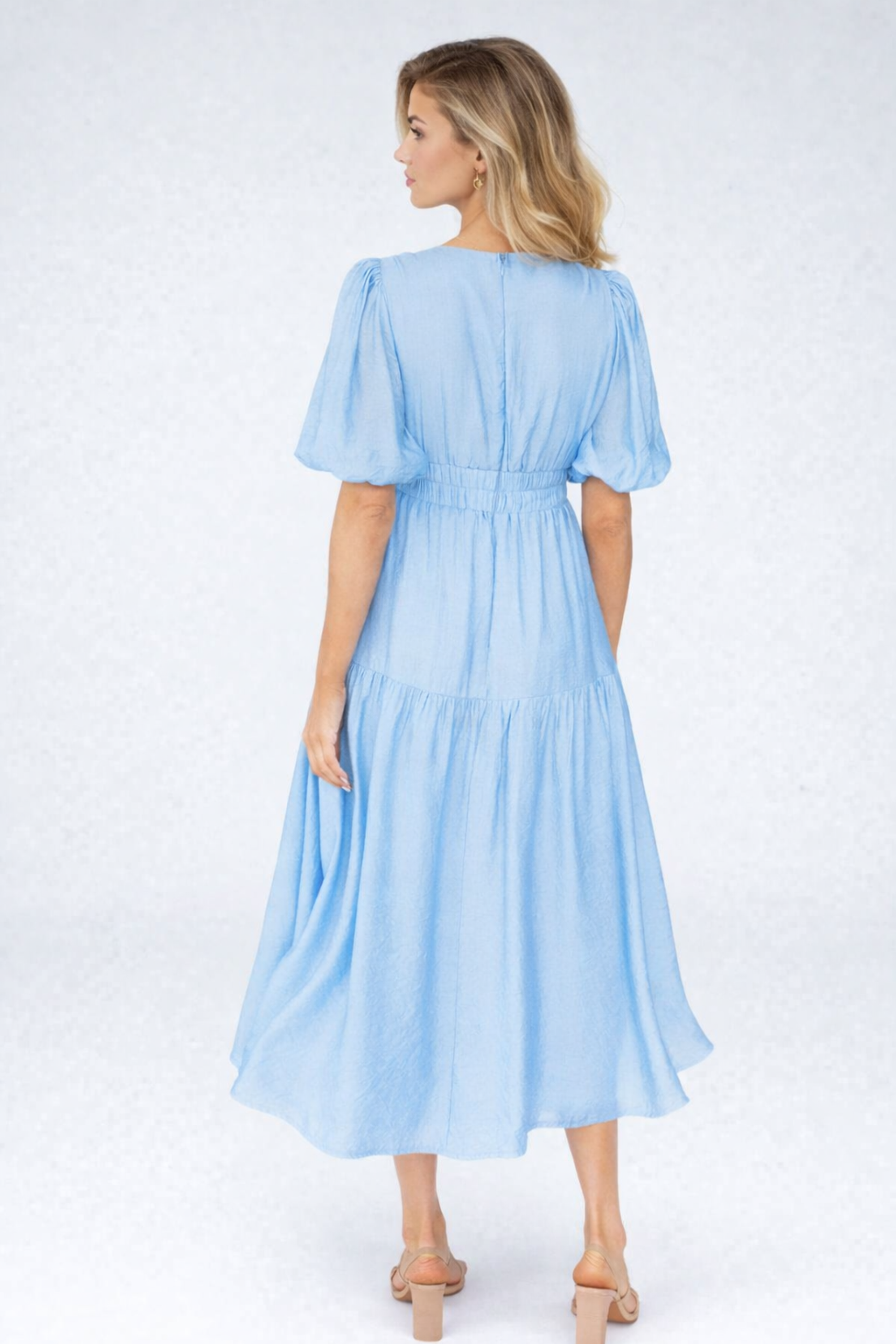 Indie | Midi Dress with V-Neck and Puff Sleeves