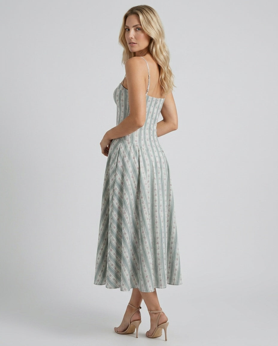 Skylar | Striped Floral Drop Waist Midi Dress