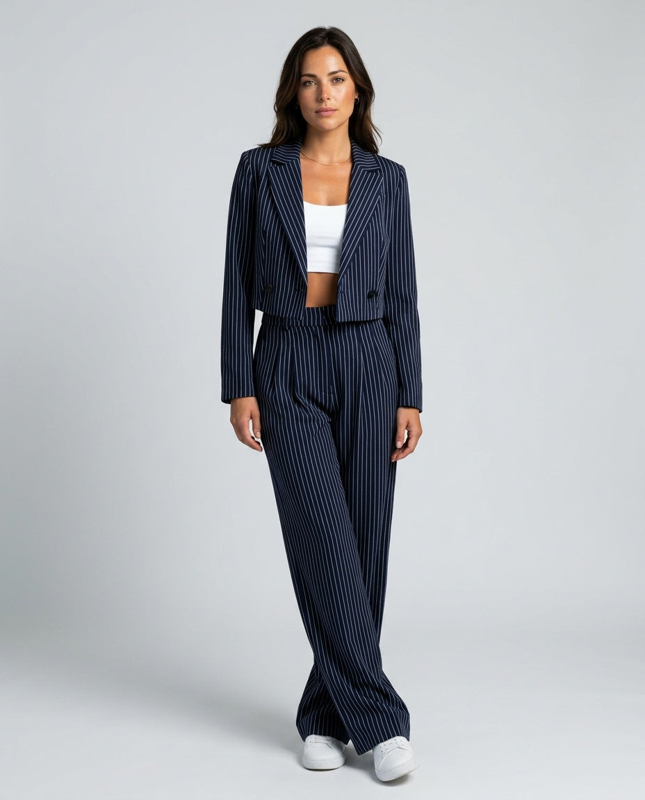 Una | Pinstripe Tailored Blazer & Wide-Leg Trouser Co-ord Set