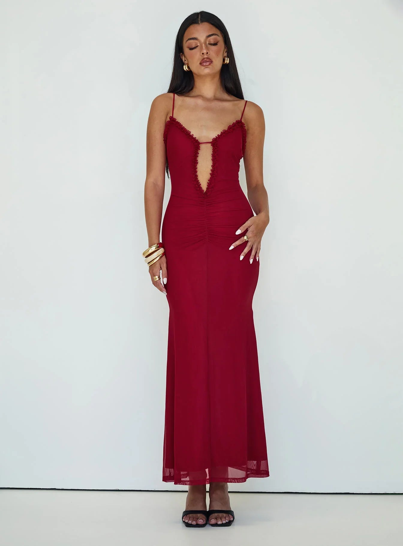 Capisce | Ruched Lace Cut-Out High Split Maxi Dress