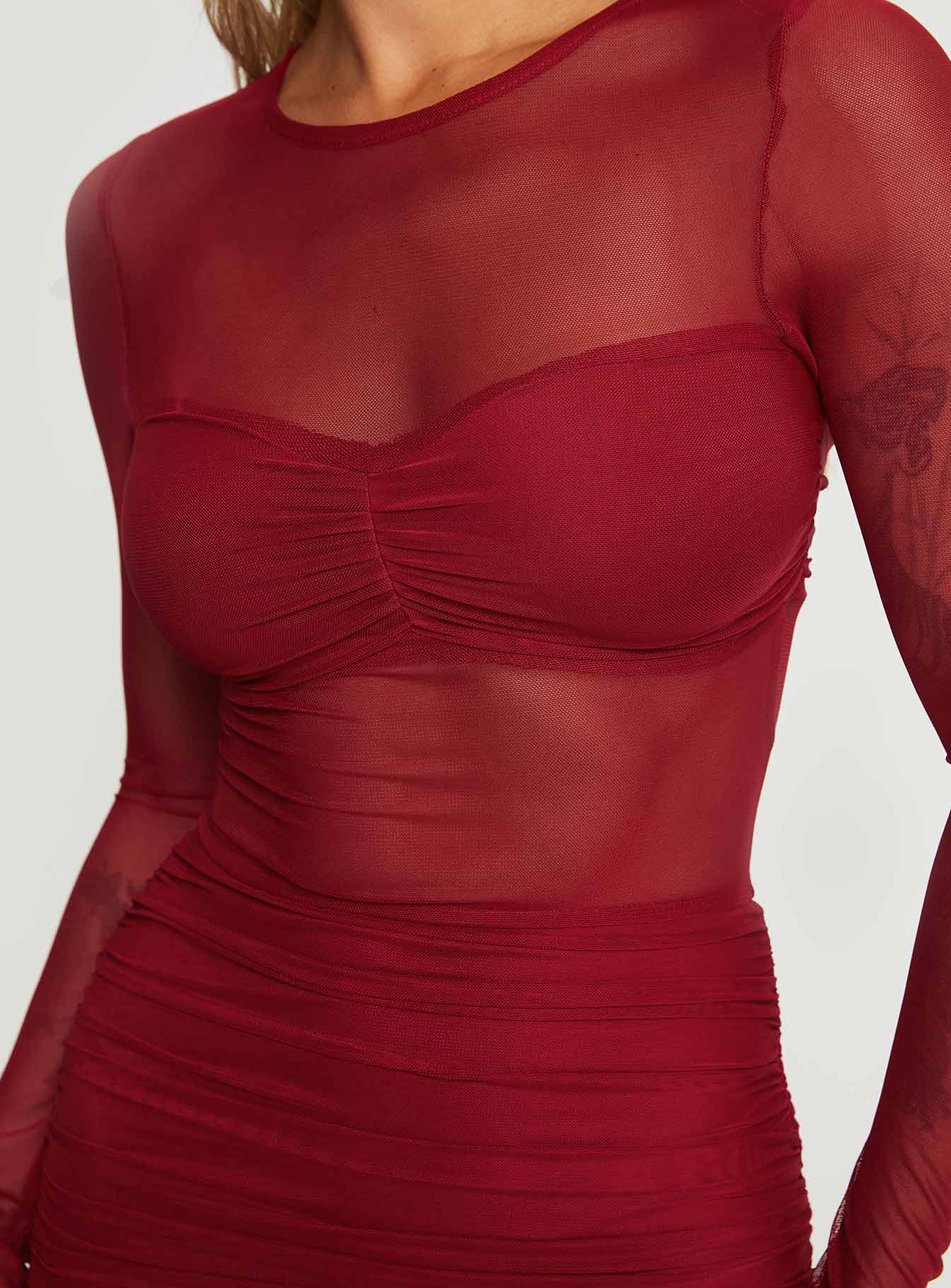 Skylar | Long Sleeve Ruched Mesh Mini Dress