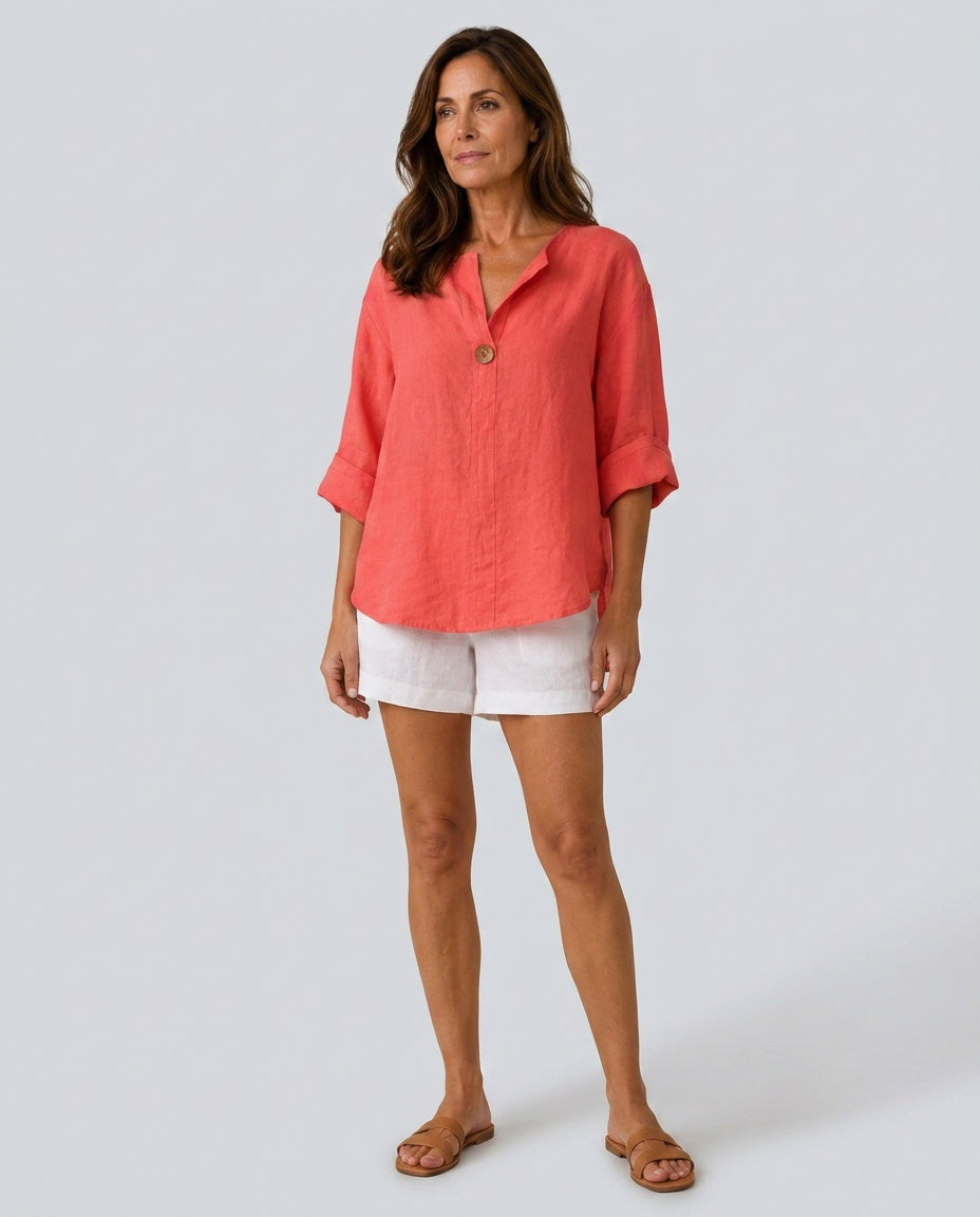 Orla | 3/4 Sleeve Open Collar Linen-Look Blouse