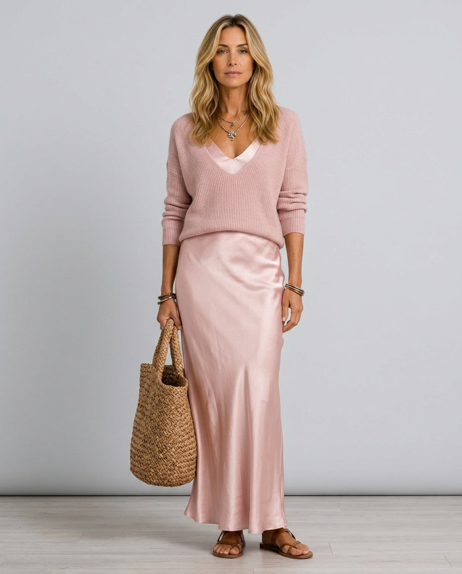 Violet | Satin-Look Maxi Dress & V-Neck Jumper Co-ord Set