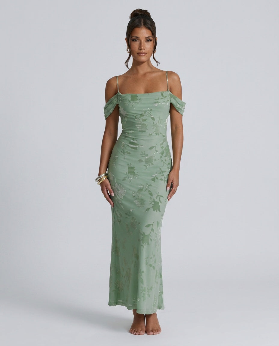Sage | Off-Shoulder Floral Burnout Maxi Dress