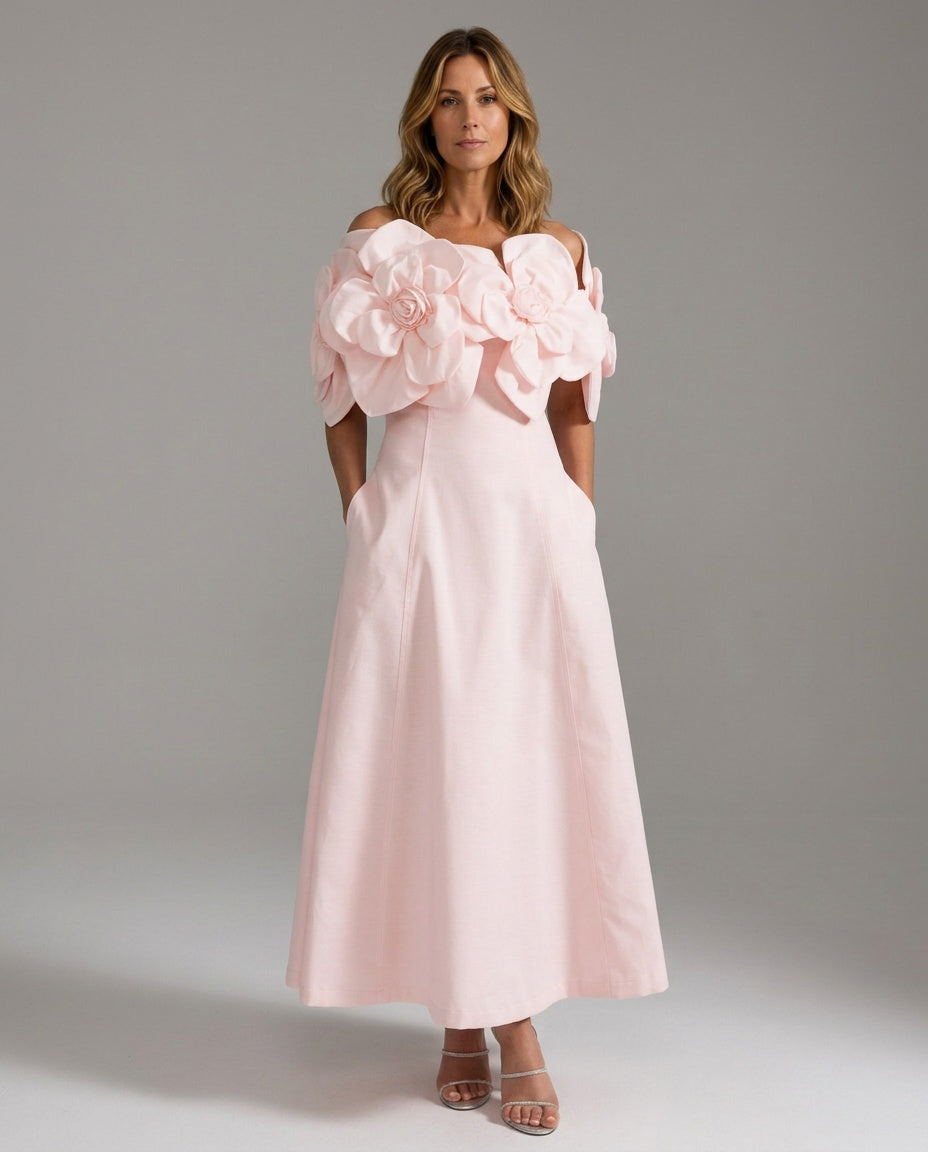Faye | Off-Shoulder 3D Floral Appliqué Midi Dress